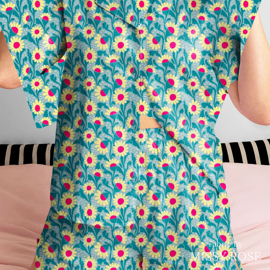 Rosie Browett 23 sewn into a womens pyjamas - see how the print looks made up | Fabric by Missy Rose
