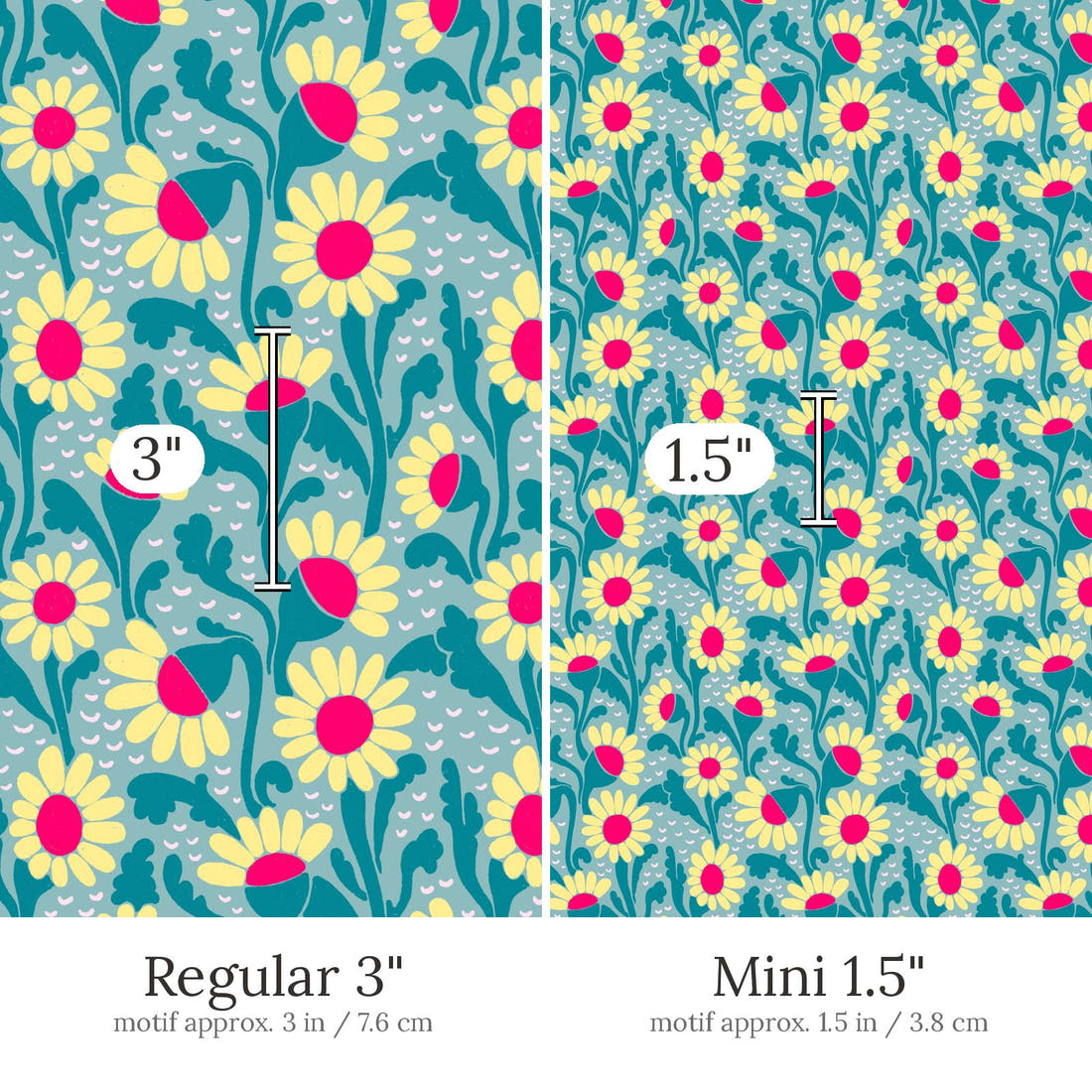 Rosie Browett 23 Regular 3 inch vs Mini 1.5 inch print scale side by side | Fabric by Missy Rose
