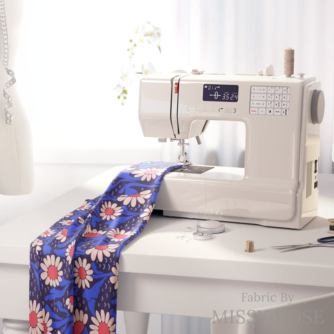 Rosie Browett 24 on a sewing machine - premium fabric for sewing projects | Fabric by Missy Rose