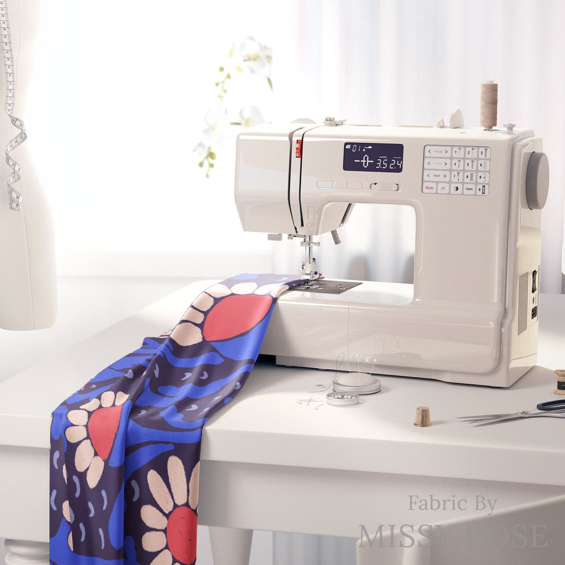 Rosie Browett 24 on a sewing machine - premium fabric for sewing projects | Fabric by Missy Rose