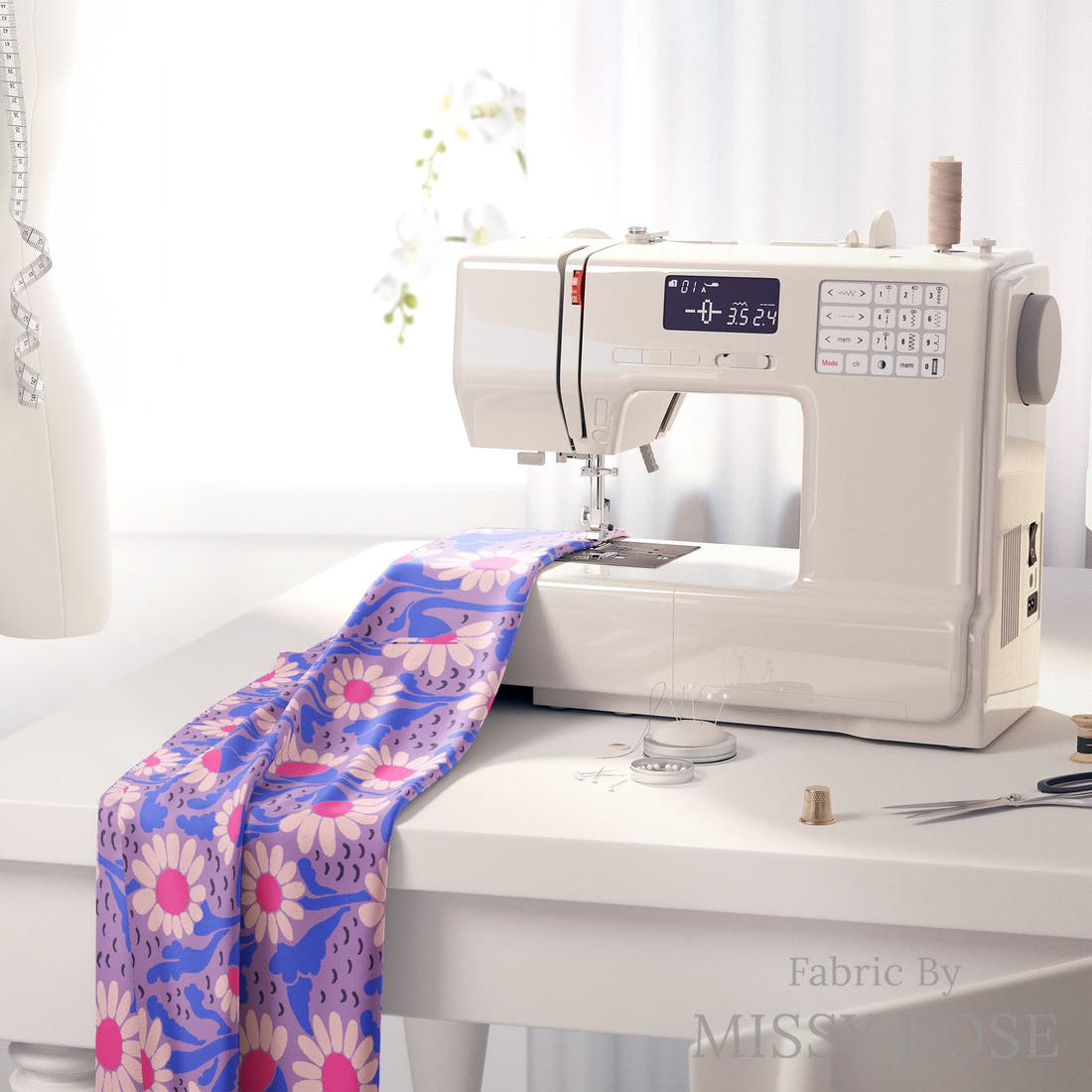 Rosie Browett 25 on a sewing machine - premium fabric for sewing projects | Fabric by Missy Rose