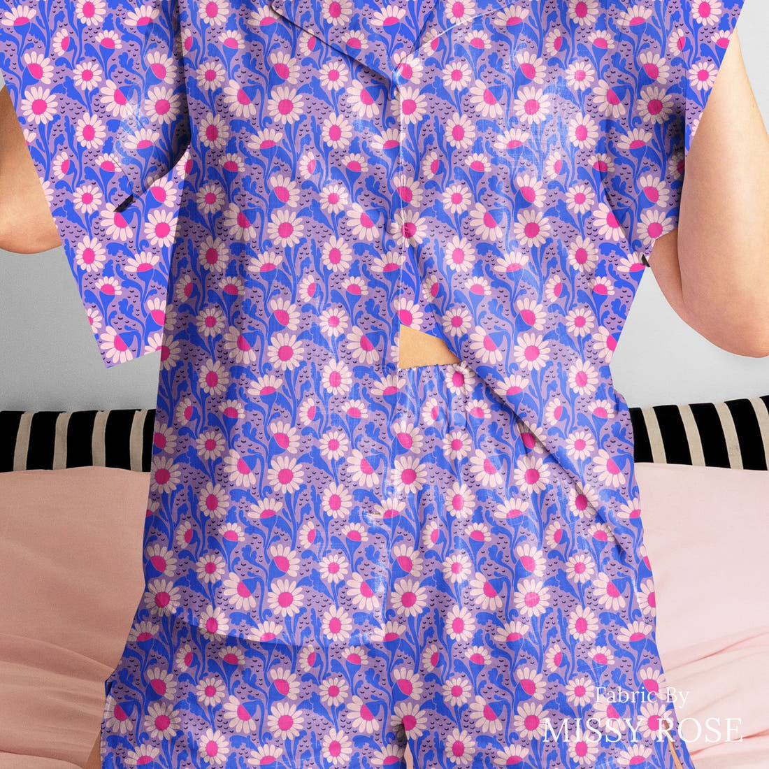 Rosie Browett 25 sewn into a womens pyjamas - see how the print looks made up | Fabric by Missy Rose