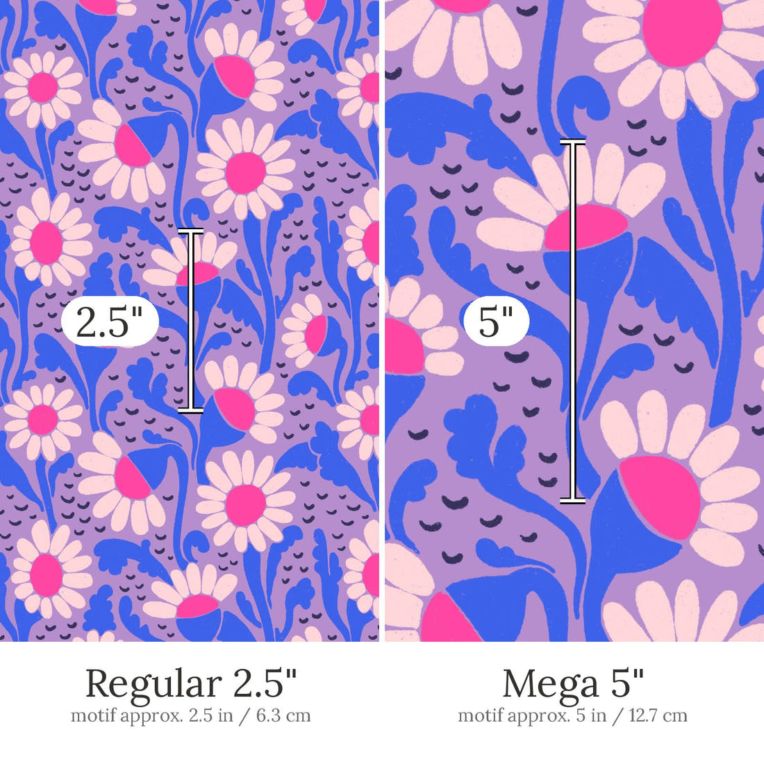 Rosie Browett 25 Regular 2.5 inch vs Mega 5 inch print scale side by side | Fabric by Missy Rose