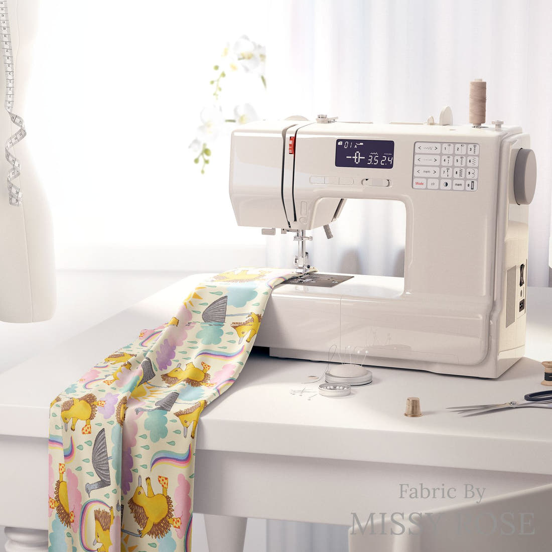 Rosie Browett 26 on a sewing machine - premium fabric for sewing projects | Fabric by Missy Rose