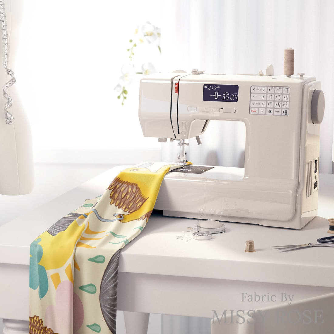 Rosie Browett 26 on a sewing machine - premium fabric for sewing projects | Fabric by Missy Rose
