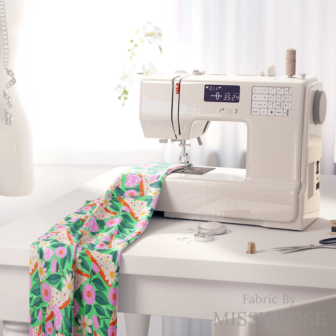 Rosie Browett 27 on a sewing machine - premium fabric for sewing projects | Fabric by Missy Rose
