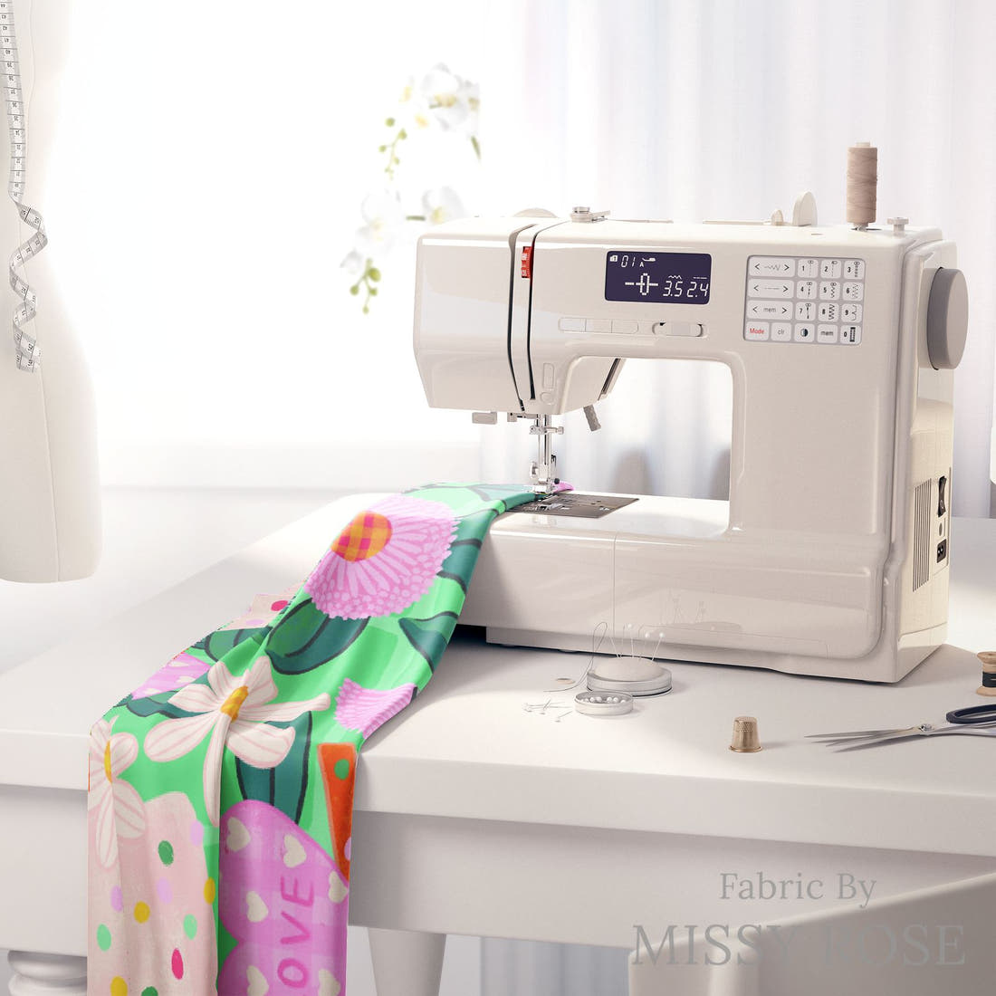 Rosie Browett 27 on a sewing machine - premium fabric for sewing projects | Fabric by Missy Rose