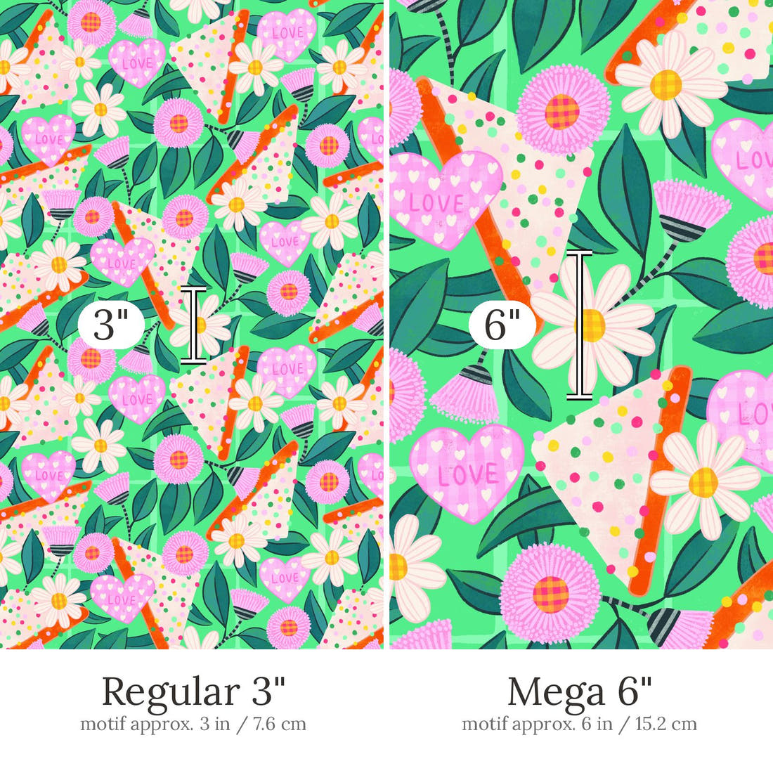 Rosie Browett 27 Regular 3 inch vs Mega 6 inch print scale side by side | Fabric by Missy Rose