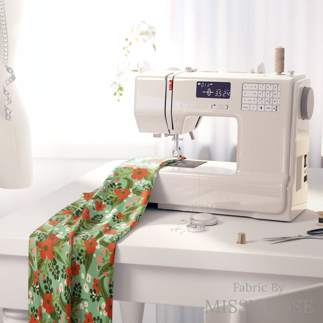 Rosie Browett 29 on a sewing machine - premium fabric for sewing projects | Fabric by Missy Rose