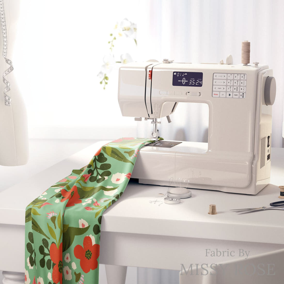 Rosie Browett 29 on a sewing machine - premium fabric for sewing projects | Fabric by Missy Rose