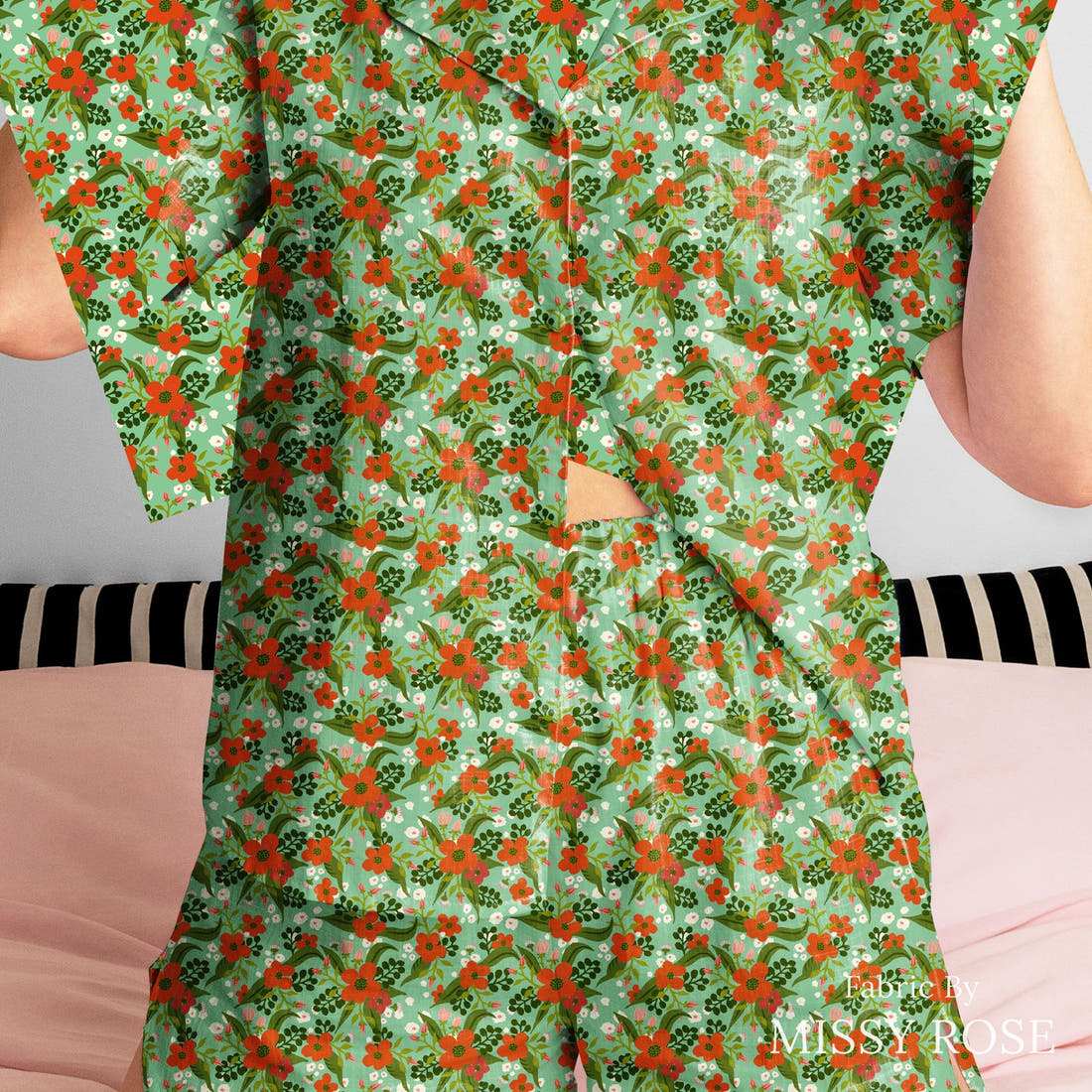 Rosie Browett 29 sewn into a womens pyjamas - see how the print looks made up | Fabric by Missy Rose