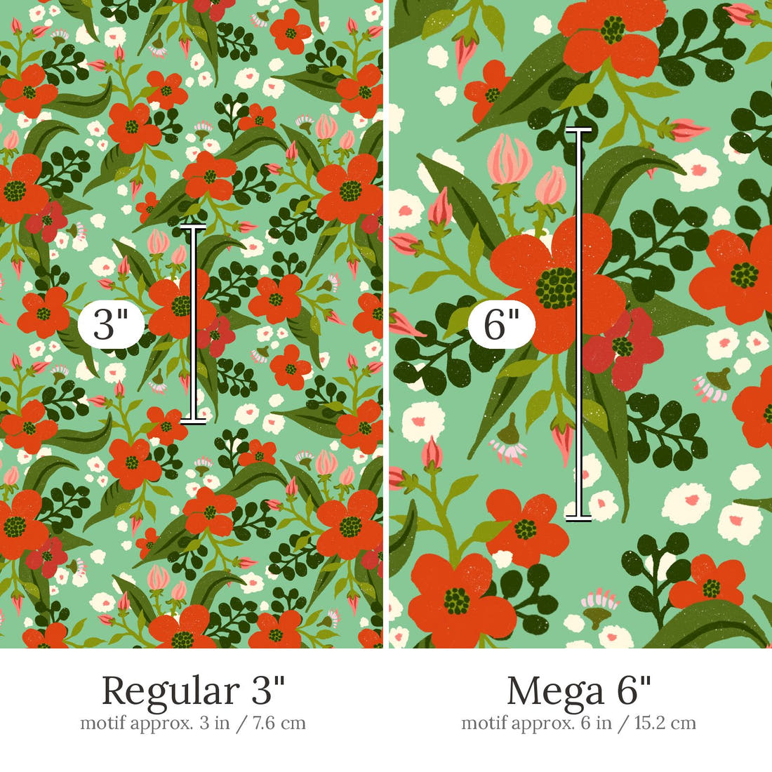 Rosie Browett 29 Regular 3 inch vs Mega 6 inch print scale side by side | Fabric by Missy Rose