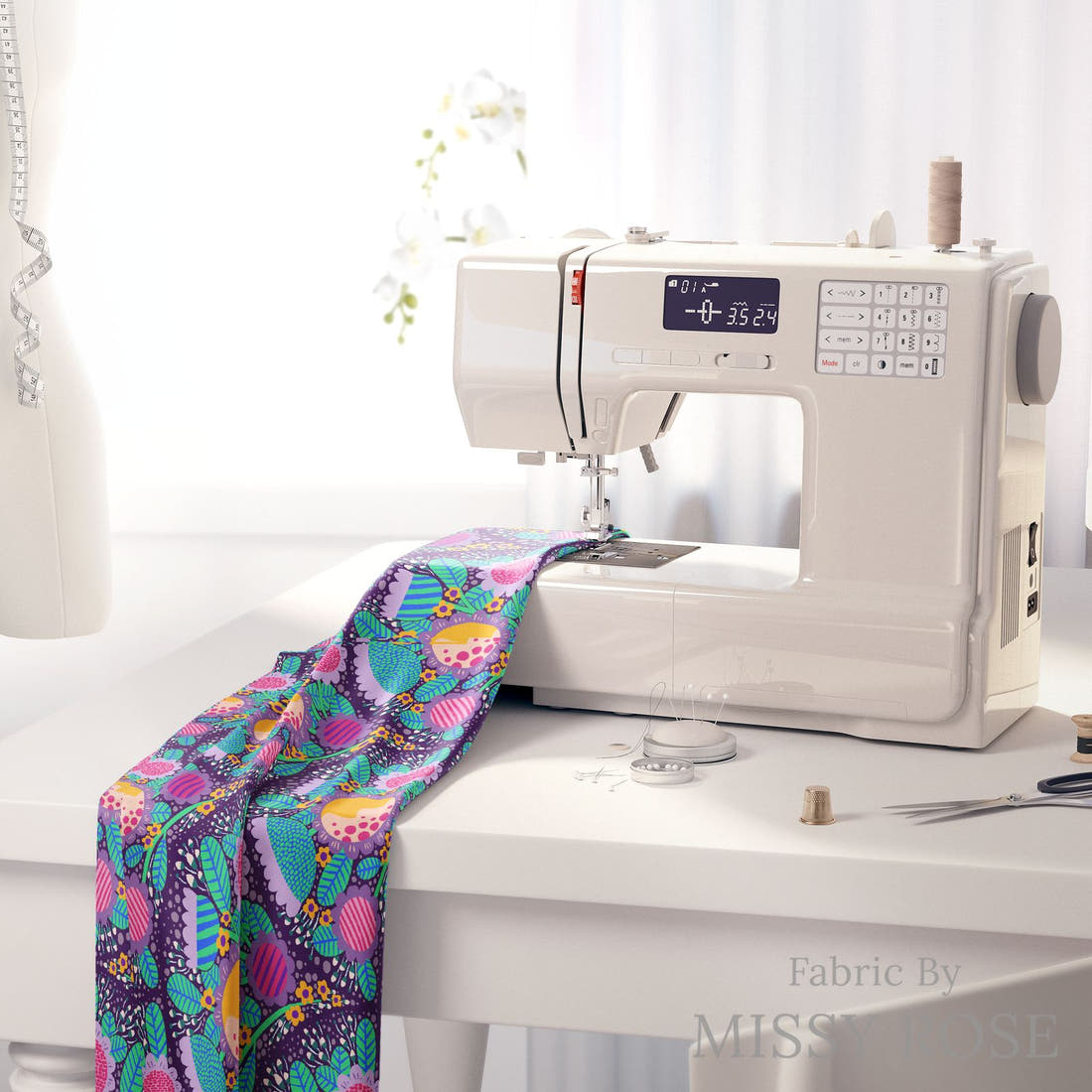 Rosie Browett 31 on a sewing machine - premium fabric for sewing projects | Fabric by Missy Rose