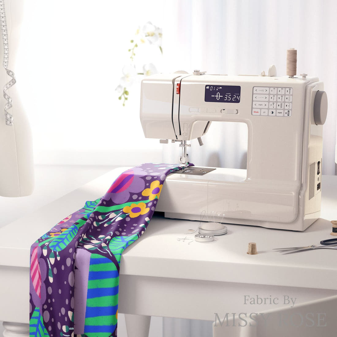 Rosie Browett 31 on a sewing machine - premium fabric for sewing projects | Fabric by Missy Rose