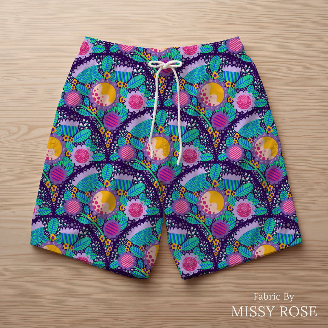 Rosie Browett 31 sewn into a swim trunks - see how the print looks made up | Fabric by Missy Rose