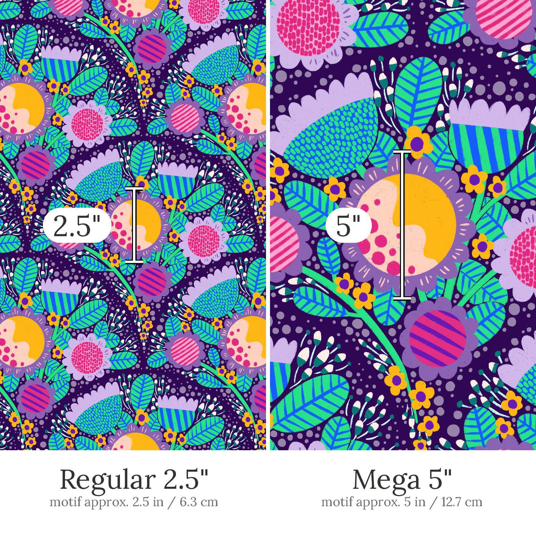 Rosie Browett 31 Regular 2.5 inch vs Mega 5 inch print scale side by side | Fabric by Missy Rose