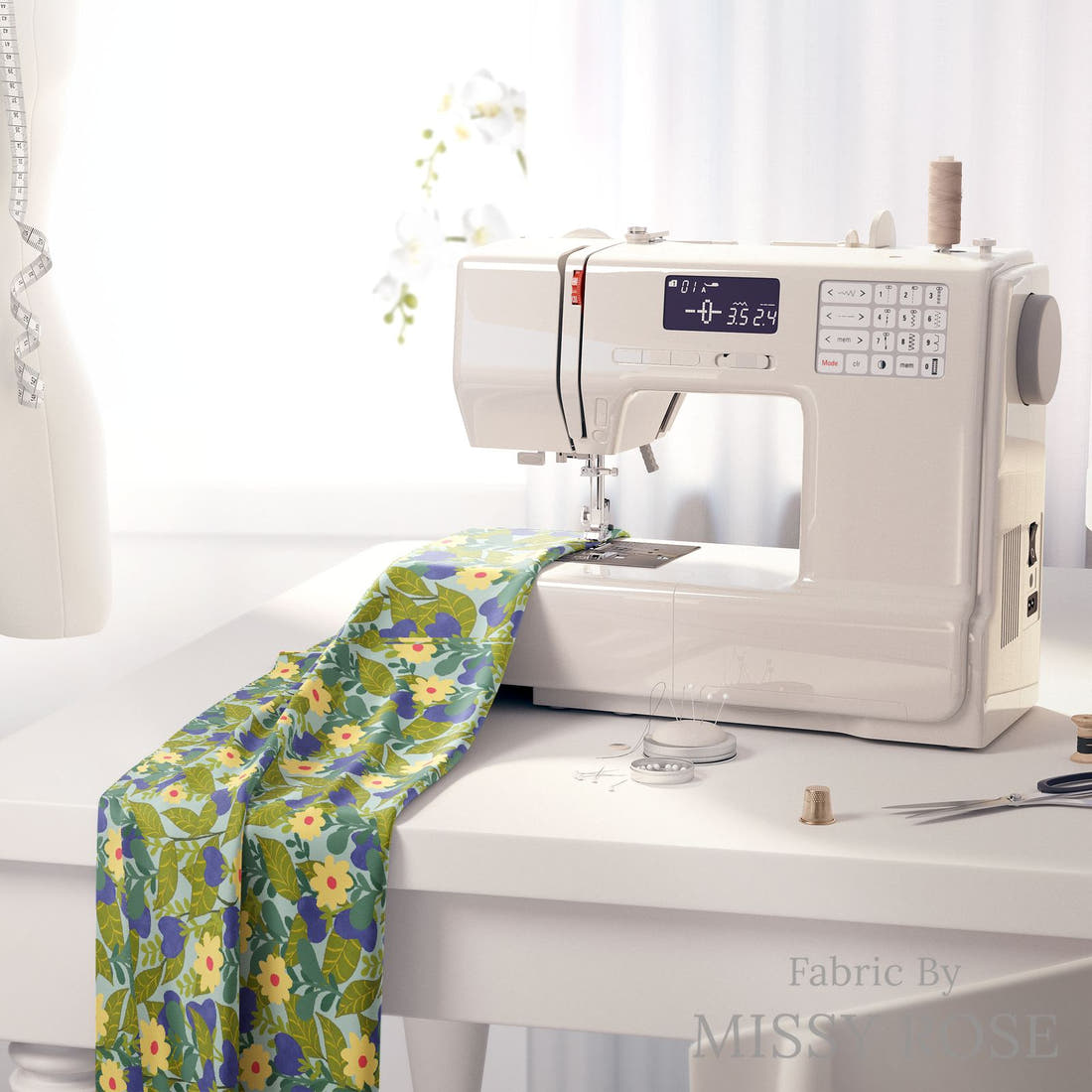 Rosie Browett 32 on a sewing machine - premium fabric for sewing projects | Fabric by Missy Rose