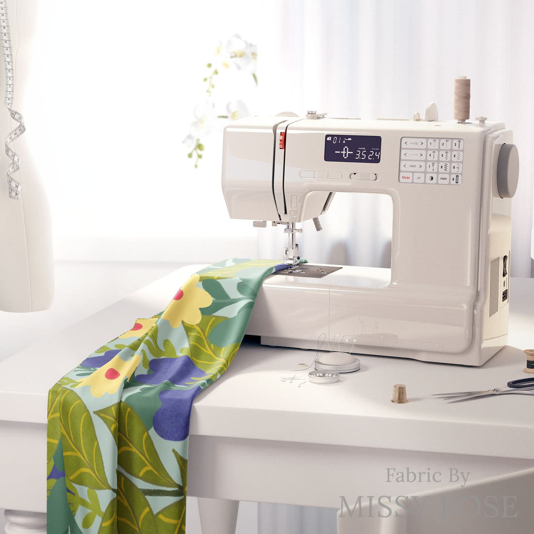 Rosie Browett 32 on a sewing machine - premium fabric for sewing projects | Fabric by Missy Rose
