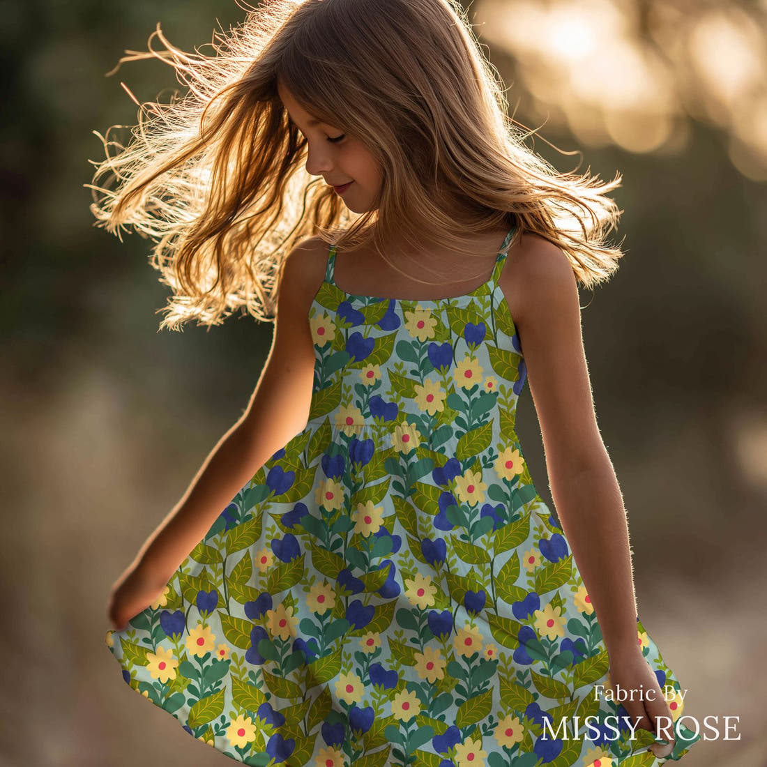 Rosie Browett 32 sewn into a girl dress - see how the print looks made up | Fabric by Missy Rose