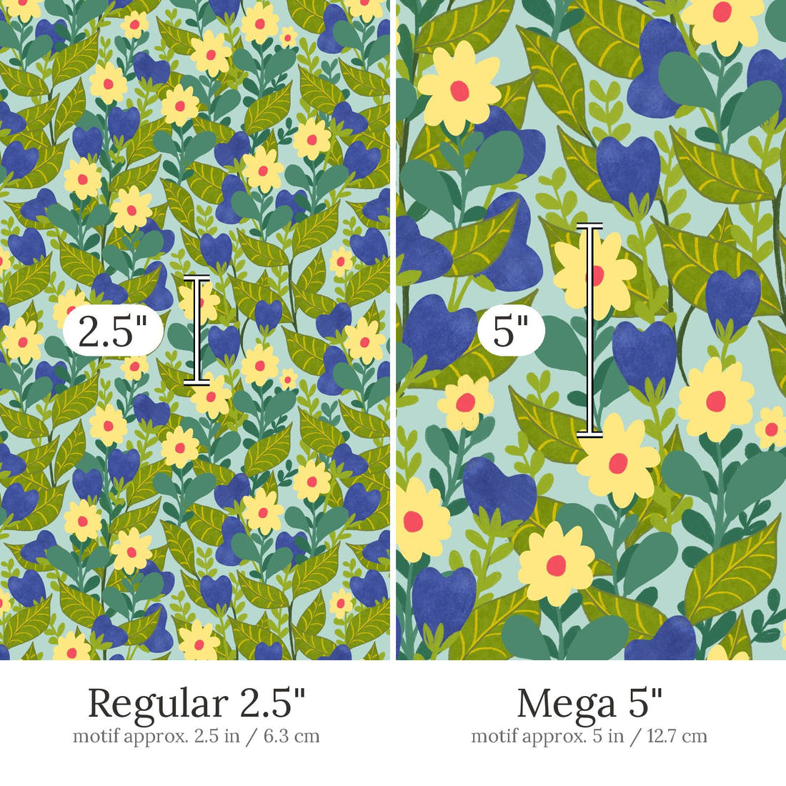 Rosie Browett 32 Regular 2.5 inch vs Mega 5 inch print scale side by side | Fabric by Missy Rose
