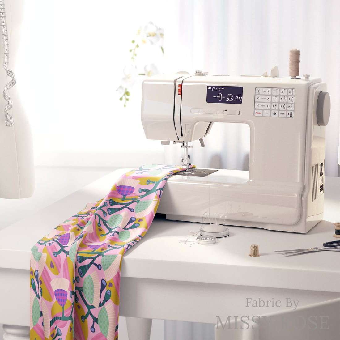 Rosie Browett 33 on a sewing machine - premium fabric for sewing projects | Fabric by Missy Rose