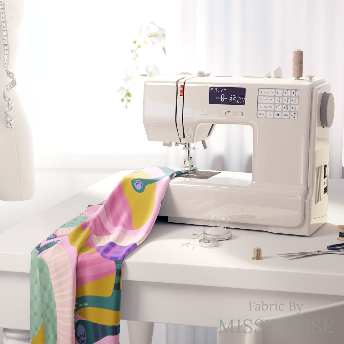 Rosie Browett 33 on a sewing machine - premium fabric for sewing projects | Fabric by Missy Rose