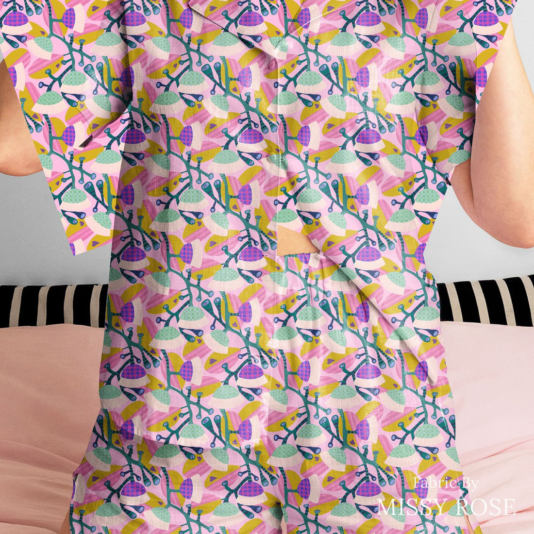 Rosie Browett 33 sewn into a womens pyjamas - see how the print looks made up | Fabric by Missy Rose
