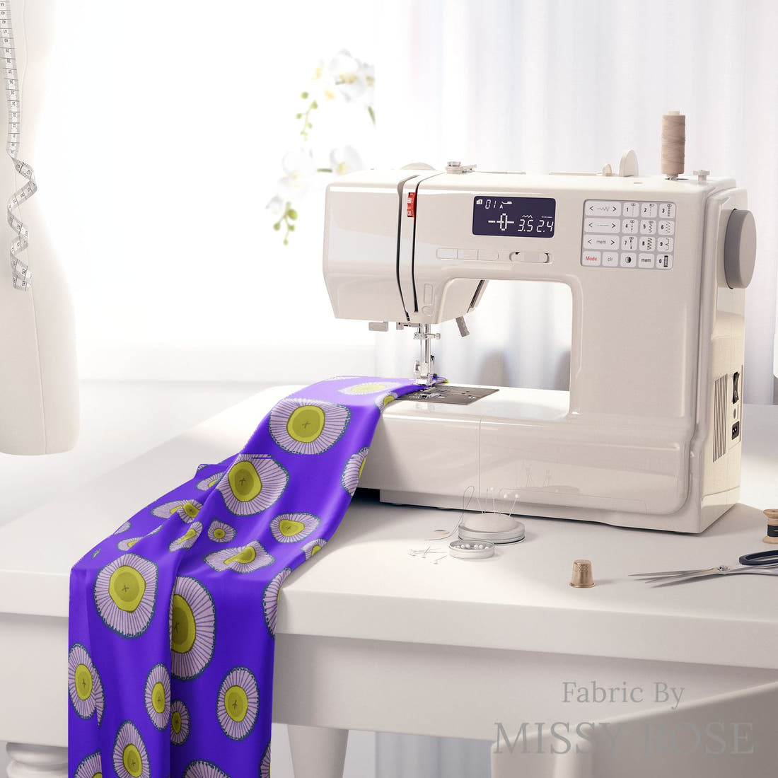 Rosie Browett 34 on a sewing machine - premium fabric for sewing projects | Fabric by Missy Rose