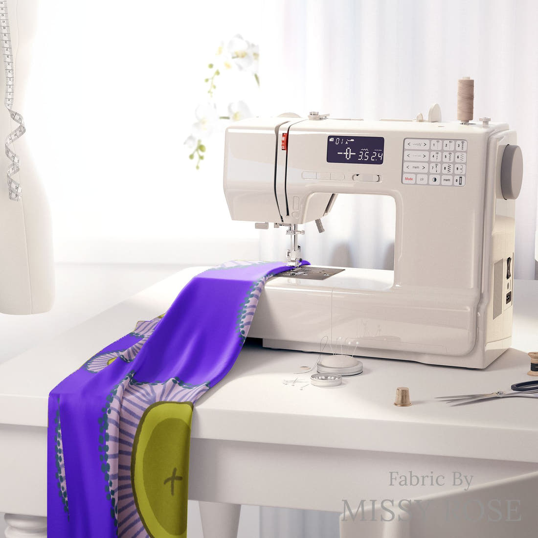 Rosie Browett 34 on a sewing machine - premium fabric for sewing projects | Fabric by Missy Rose