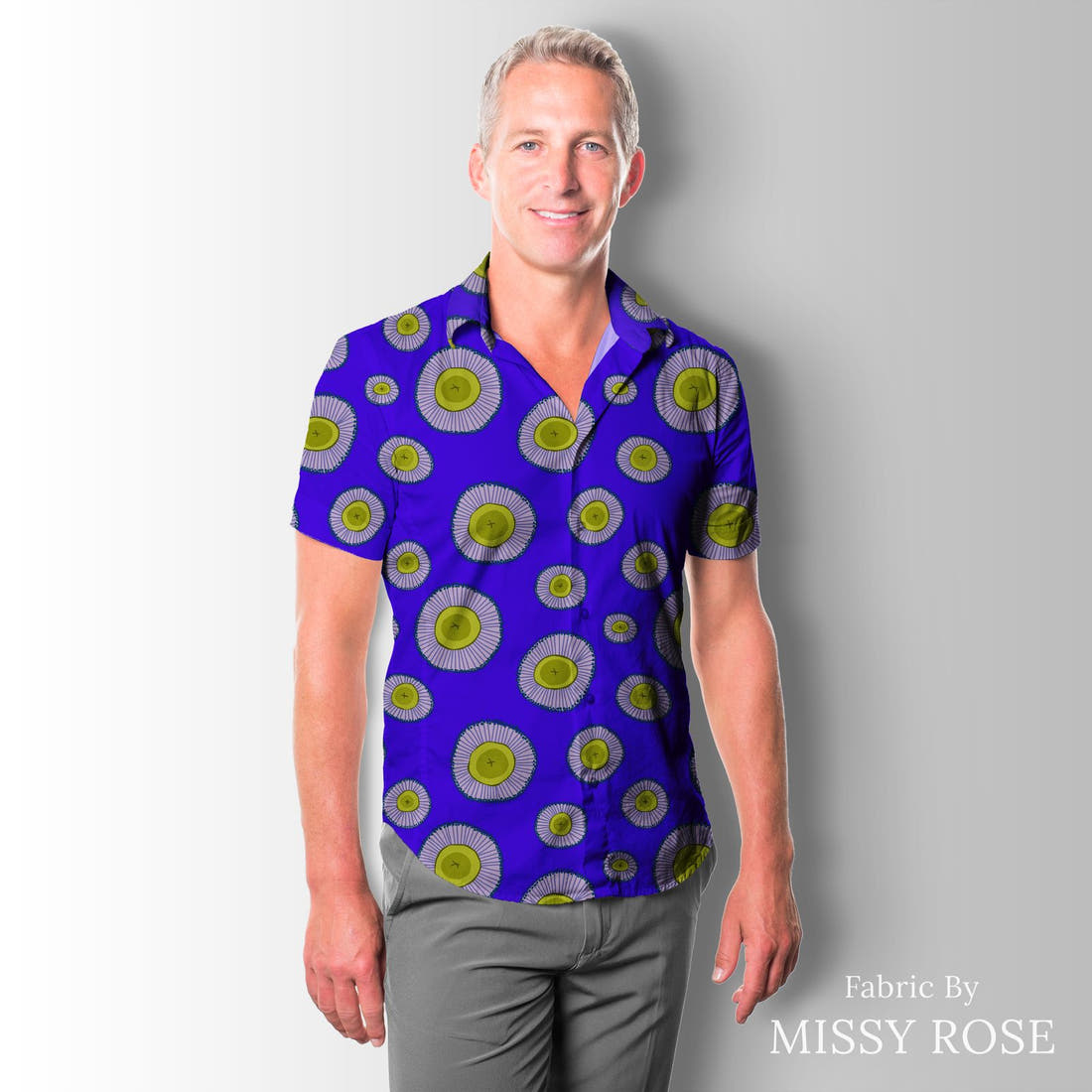 Rosie Browett 34 sewn into a mens shirt - see how the print looks made up | Fabric by Missy Rose