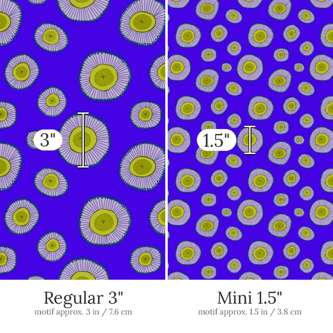Rosie Browett 34 Regular 3 inch vs Mini 1.5 inch print scale side by side | Fabric by Missy Rose