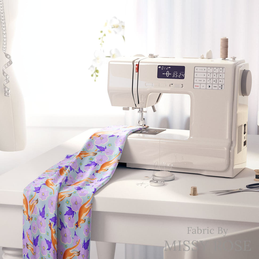 Rosie Browett 35 on a sewing machine - premium fabric for sewing projects | Fabric by Missy Rose