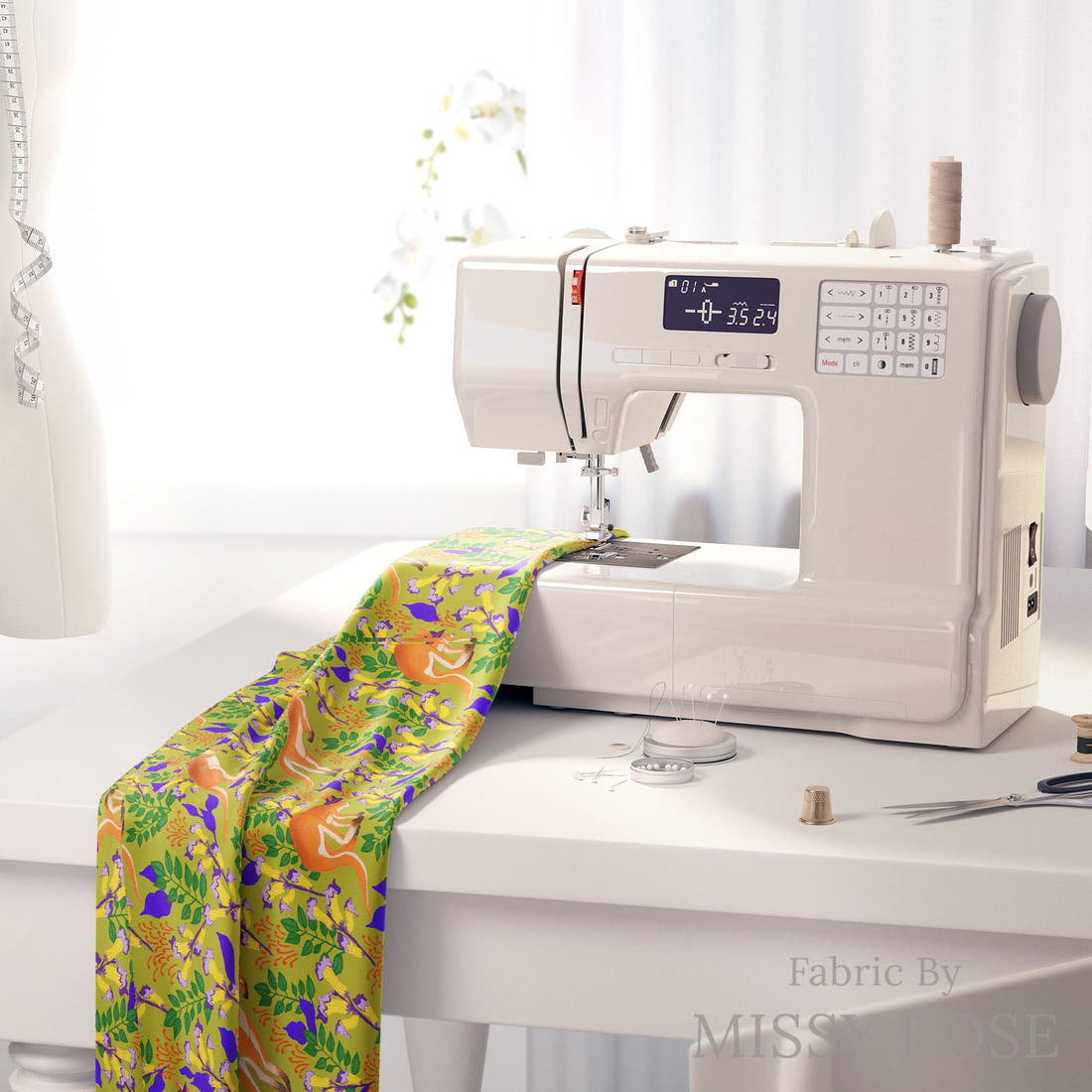 Rosie Browett 36 on a sewing machine - premium fabric for sewing projects | Fabric by Missy Rose