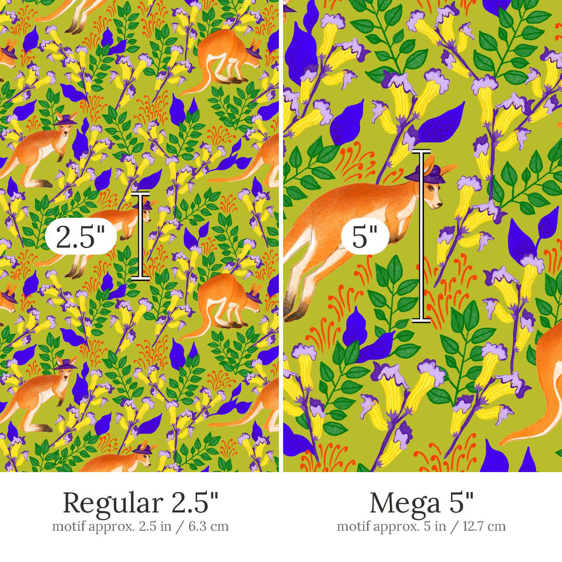 Rosie Browett 36 Regular 2.5 inch vs Mega 5 inch print scale side by side | Fabric by Missy Rose