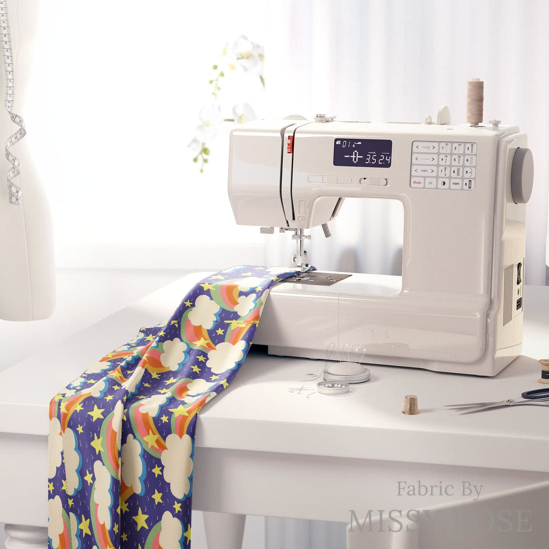 Rosie Browett 37 on a sewing machine - premium fabric for sewing projects | Fabric by Missy Rose
