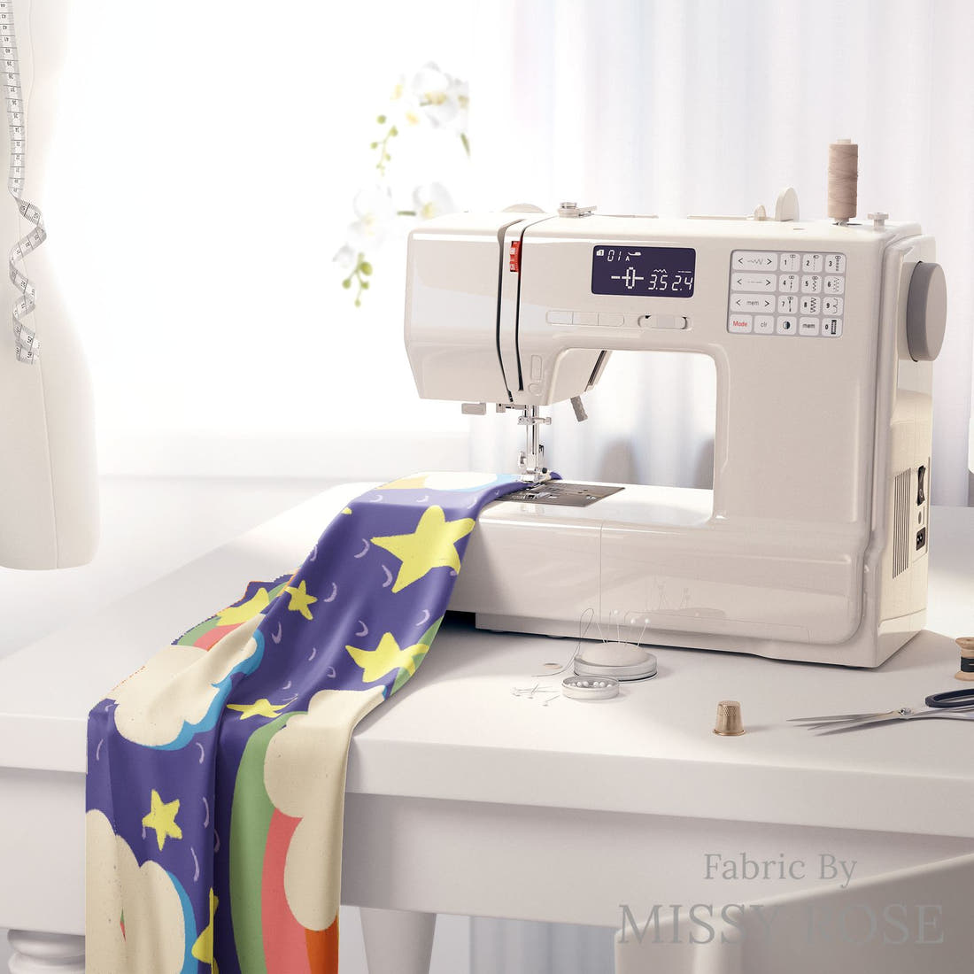 Rosie Browett 37 on a sewing machine - premium fabric for sewing projects | Fabric by Missy Rose