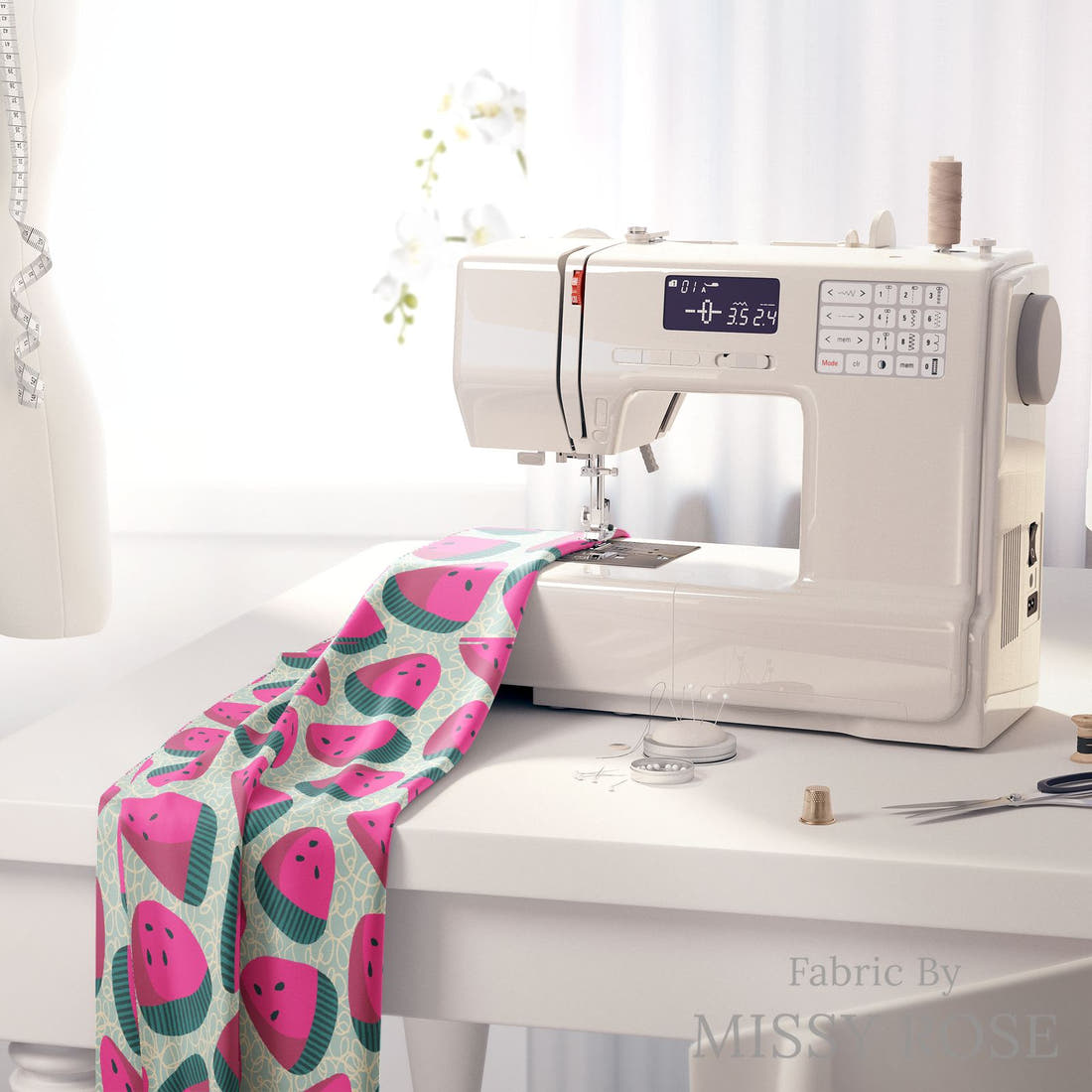 Rosie Browett 38 on a sewing machine - premium fabric for sewing projects | Fabric by Missy Rose