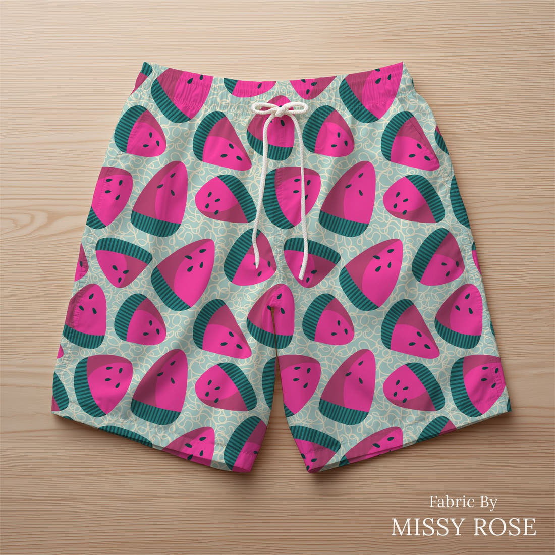 Rosie Browett 38 sewn into a swim trunks - see how the print looks made up | Fabric by Missy Rose