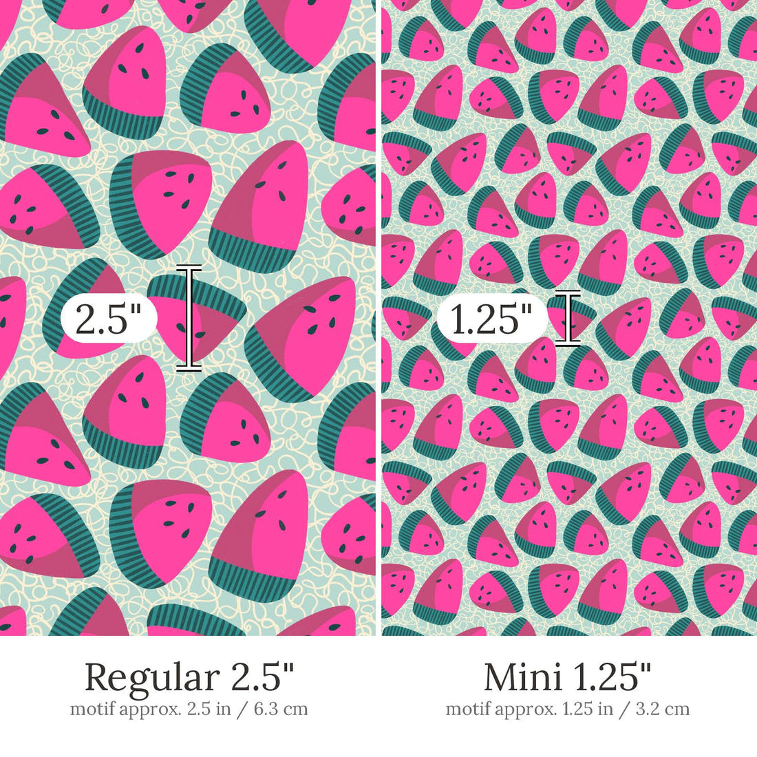 Rosie Browett 38 Regular 2.5 inch vs Mini 1.25 inch print scale side by side | Fabric by Missy Rose