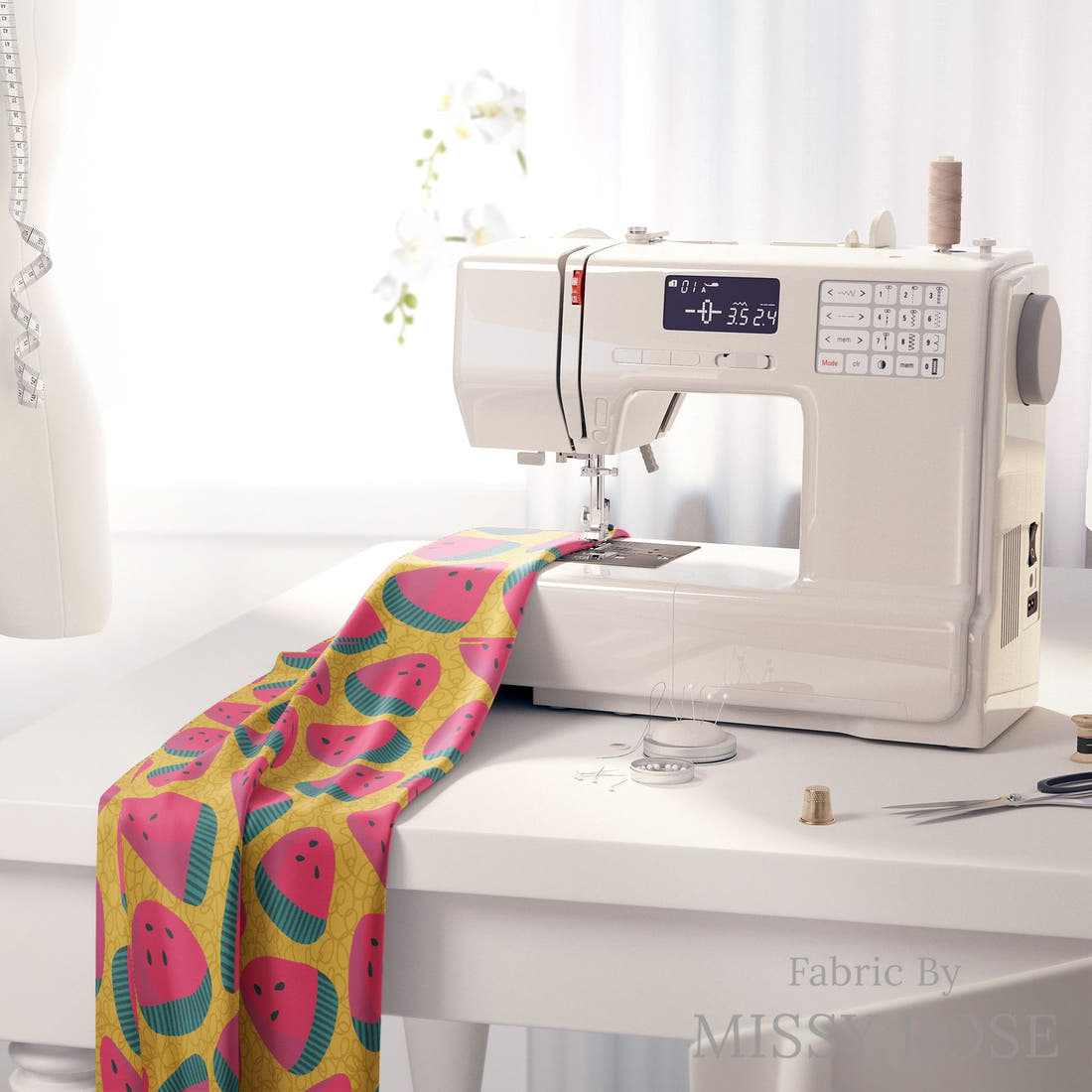 Rosie Browett 39 on a sewing machine - premium fabric for sewing projects | Fabric by Missy Rose