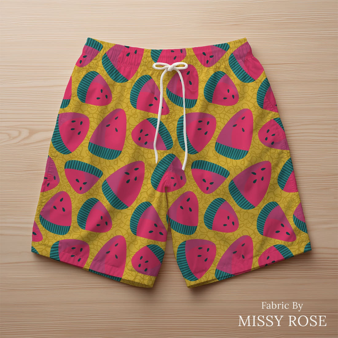 Rosie Browett 39 sewn into a swim trunks - see how the print looks made up | Fabric by Missy Rose