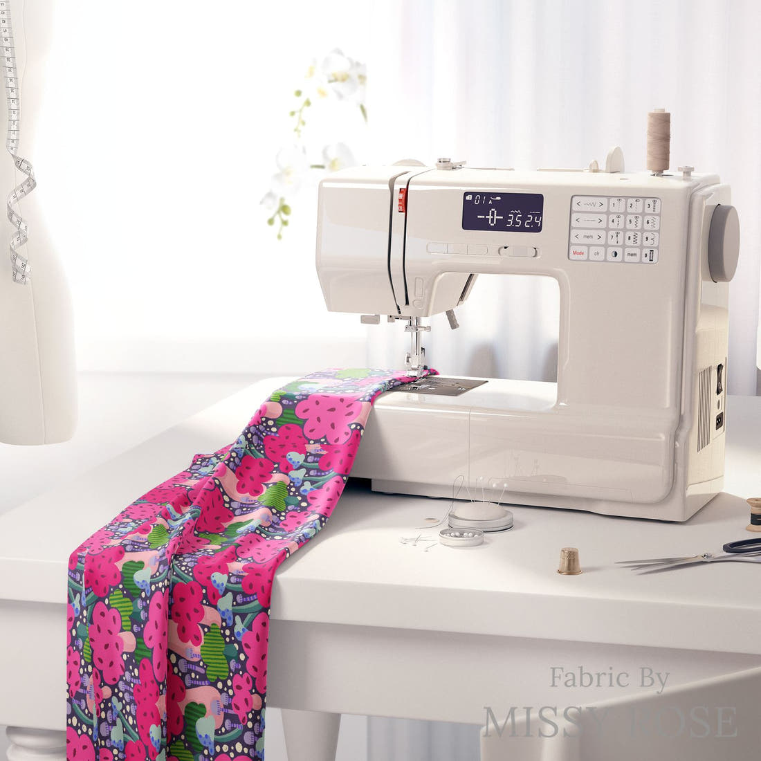 Rosie Browett 40 on a sewing machine - premium fabric for sewing projects | Fabric by Missy Rose