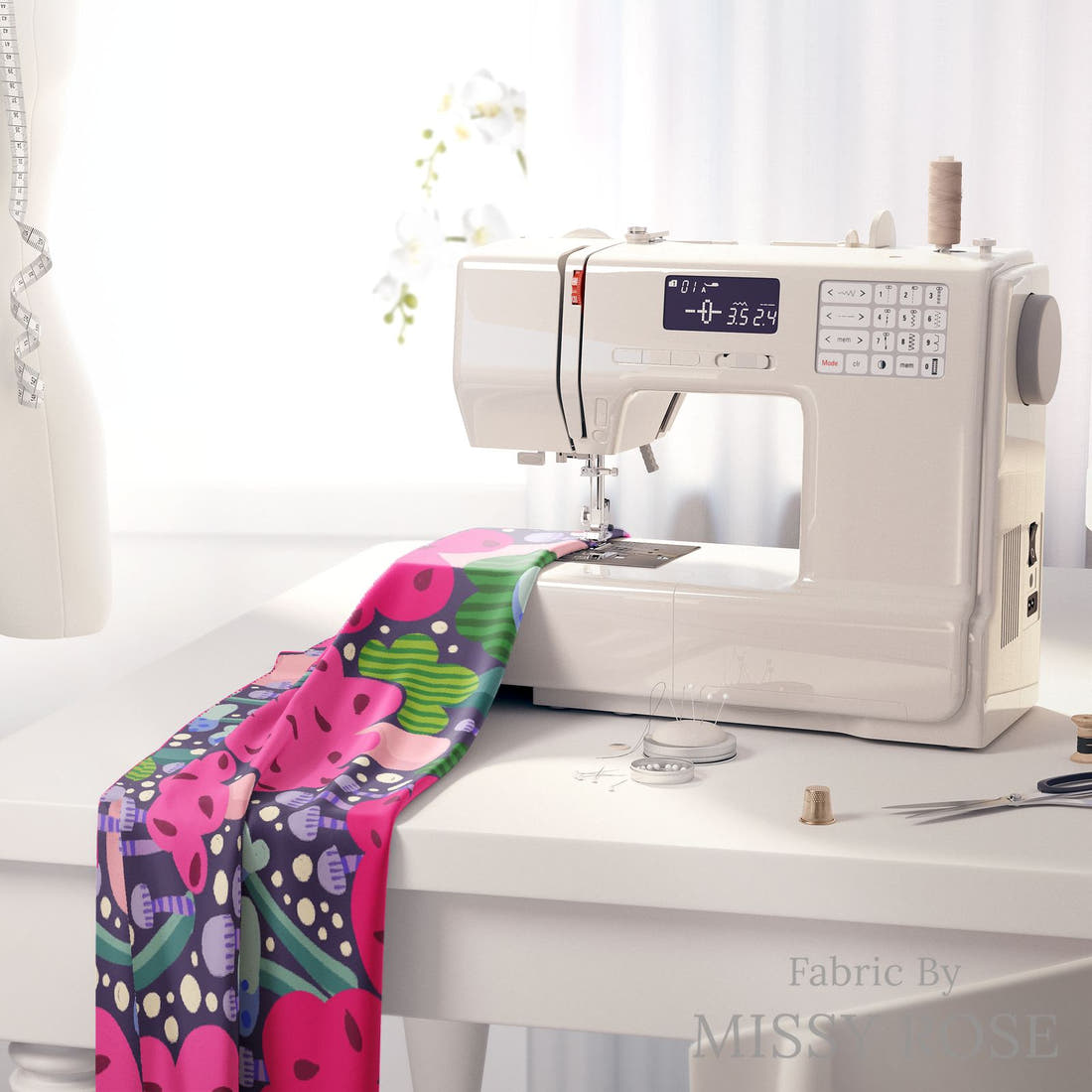 Rosie Browett 40 on a sewing machine - premium fabric for sewing projects | Fabric by Missy Rose