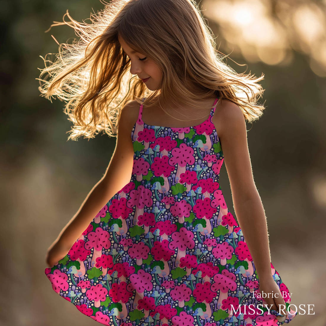 Rosie Browett 40 sewn into a girl dress - see how the print looks made up | Fabric by Missy Rose