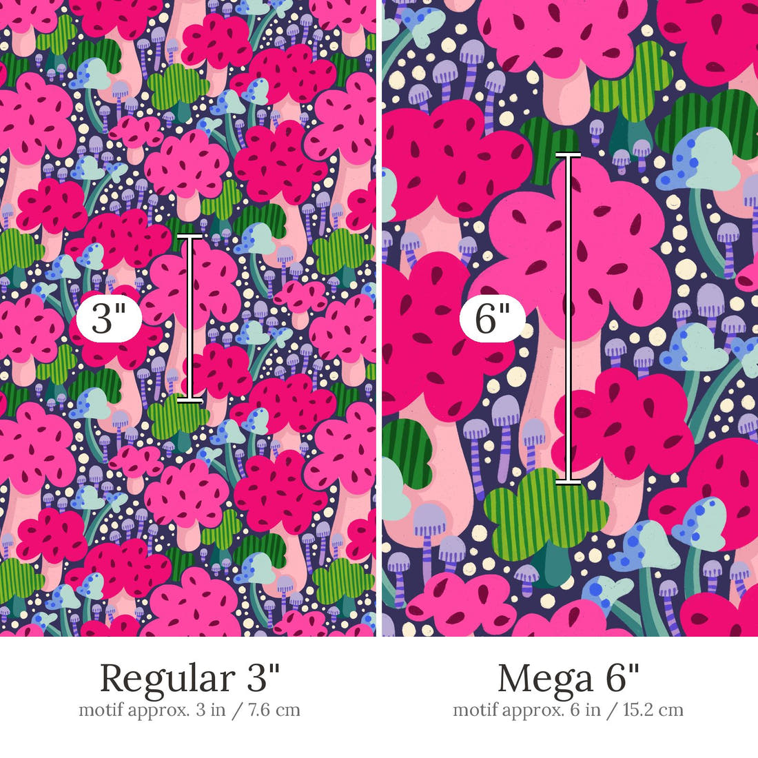Rosie Browett 40 Regular 3 inch vs Mega 6 inch print scale side by side | Fabric by Missy Rose