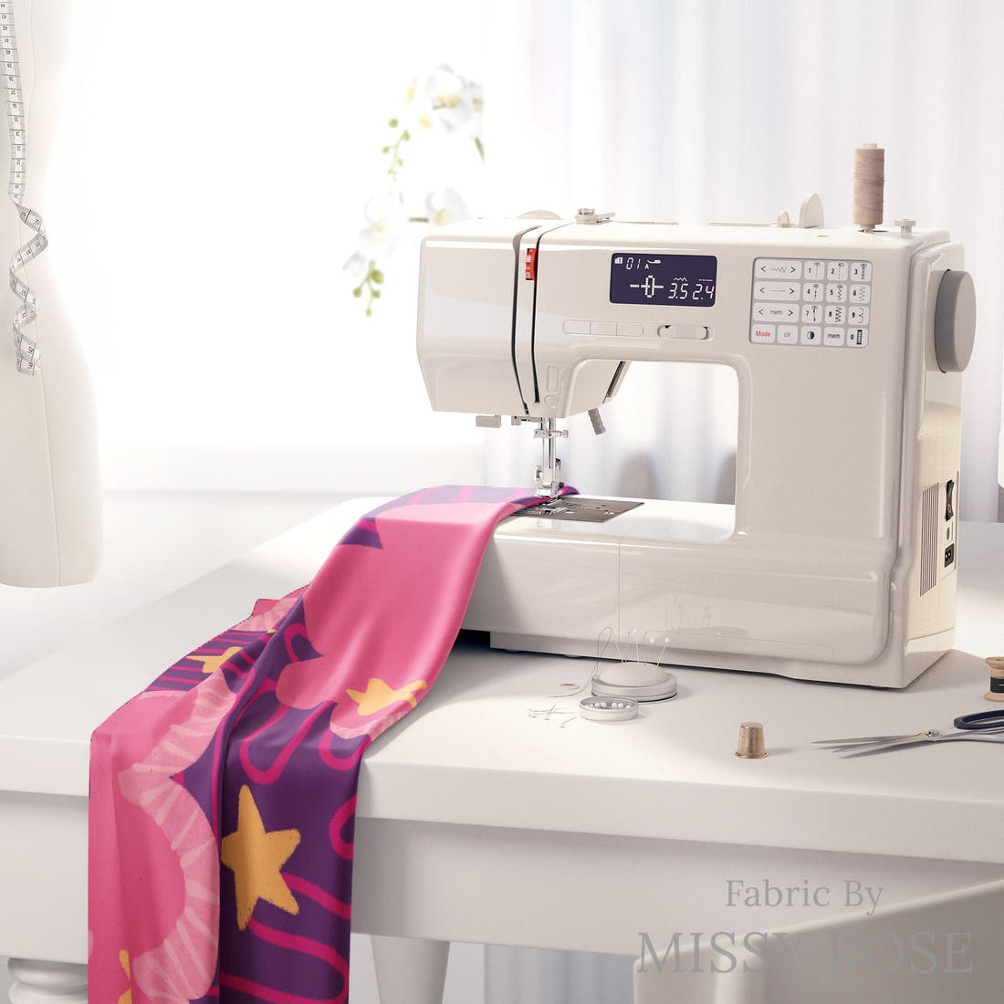 Rosie Browett 41 on a sewing machine - premium fabric for sewing projects | Fabric by Missy Rose