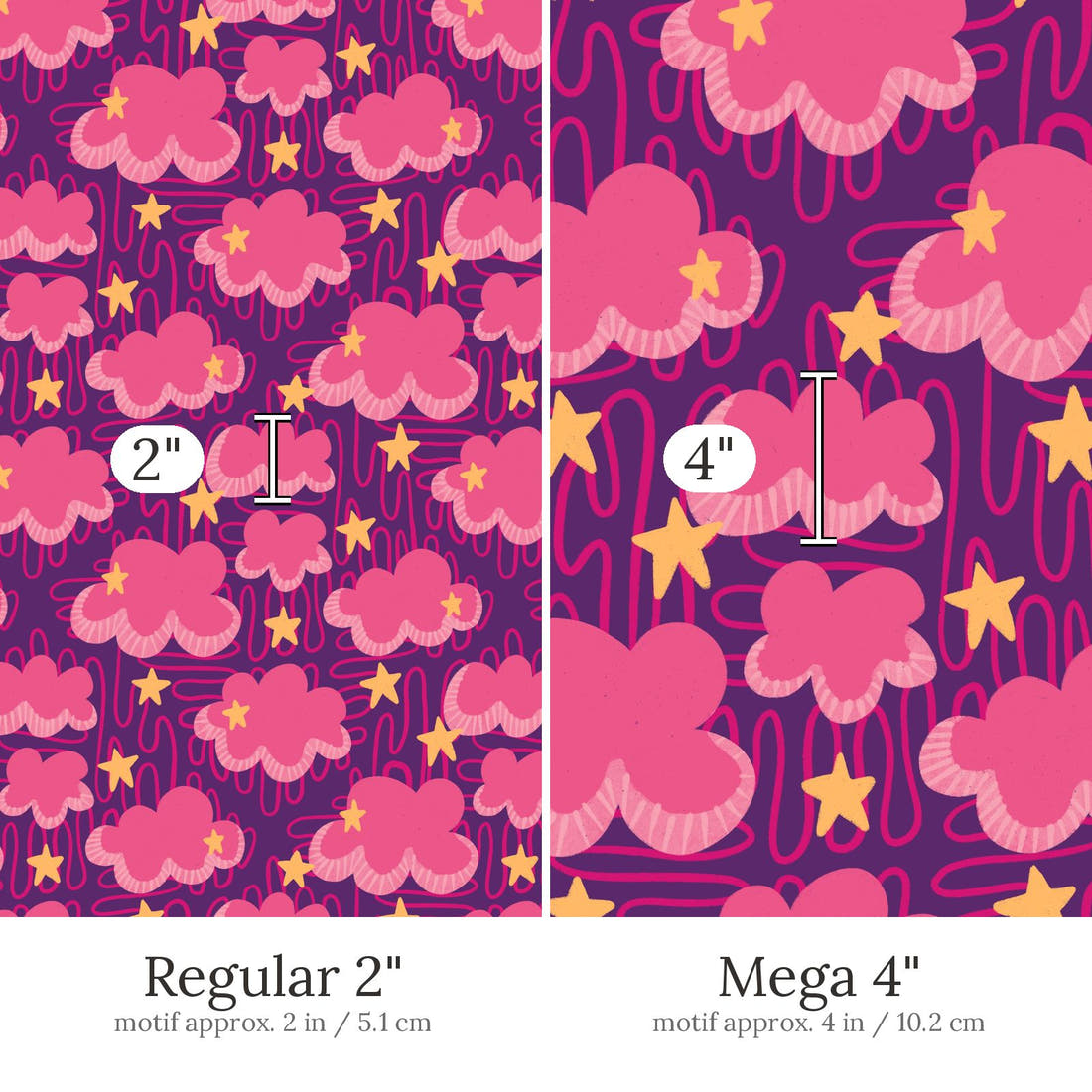 Rosie Browett 41 Regular 2 inch vs Mega 4 inch print scale side by side | Fabric by Missy Rose
