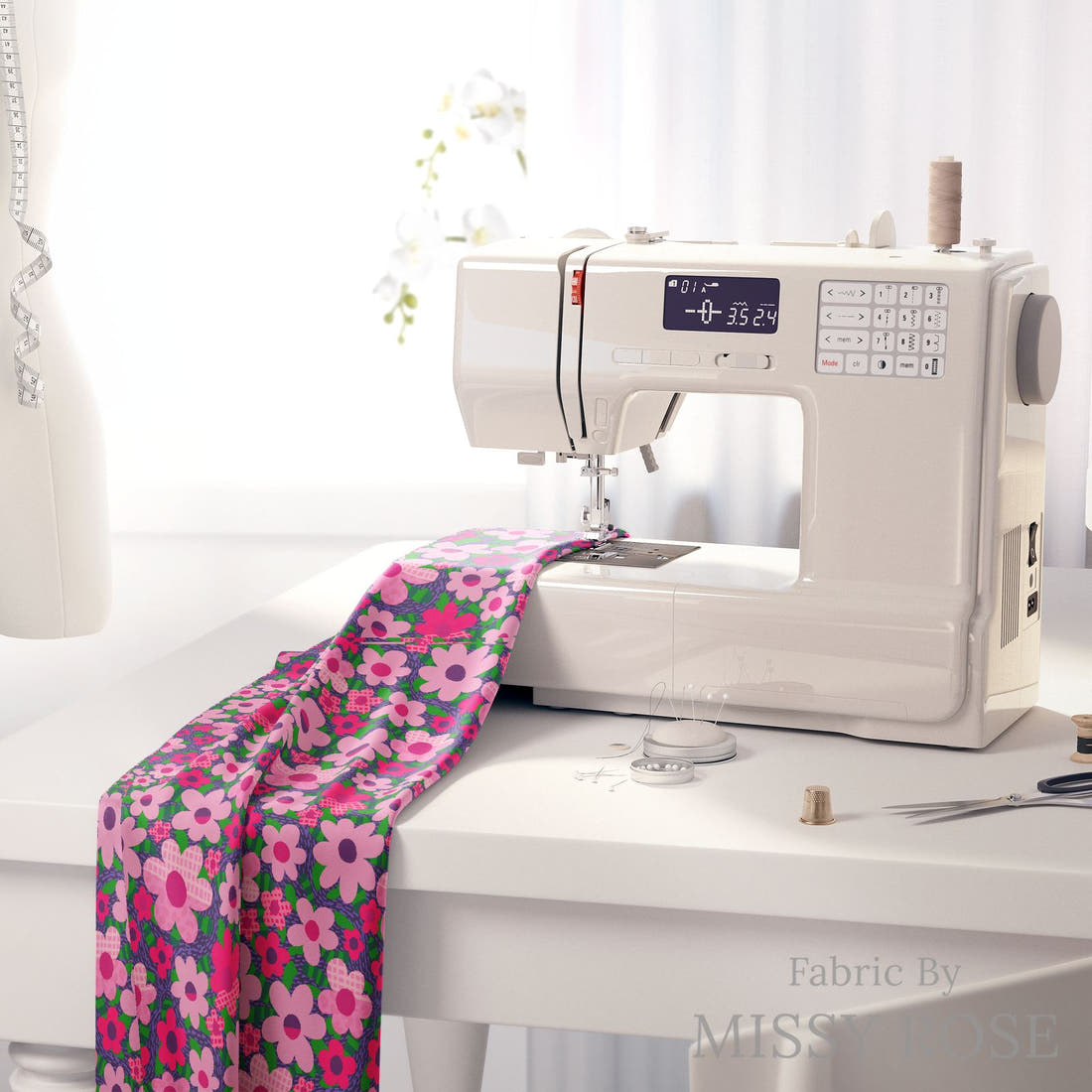 Rosie Browett 42 on a sewing machine - premium fabric for sewing projects | Fabric by Missy Rose