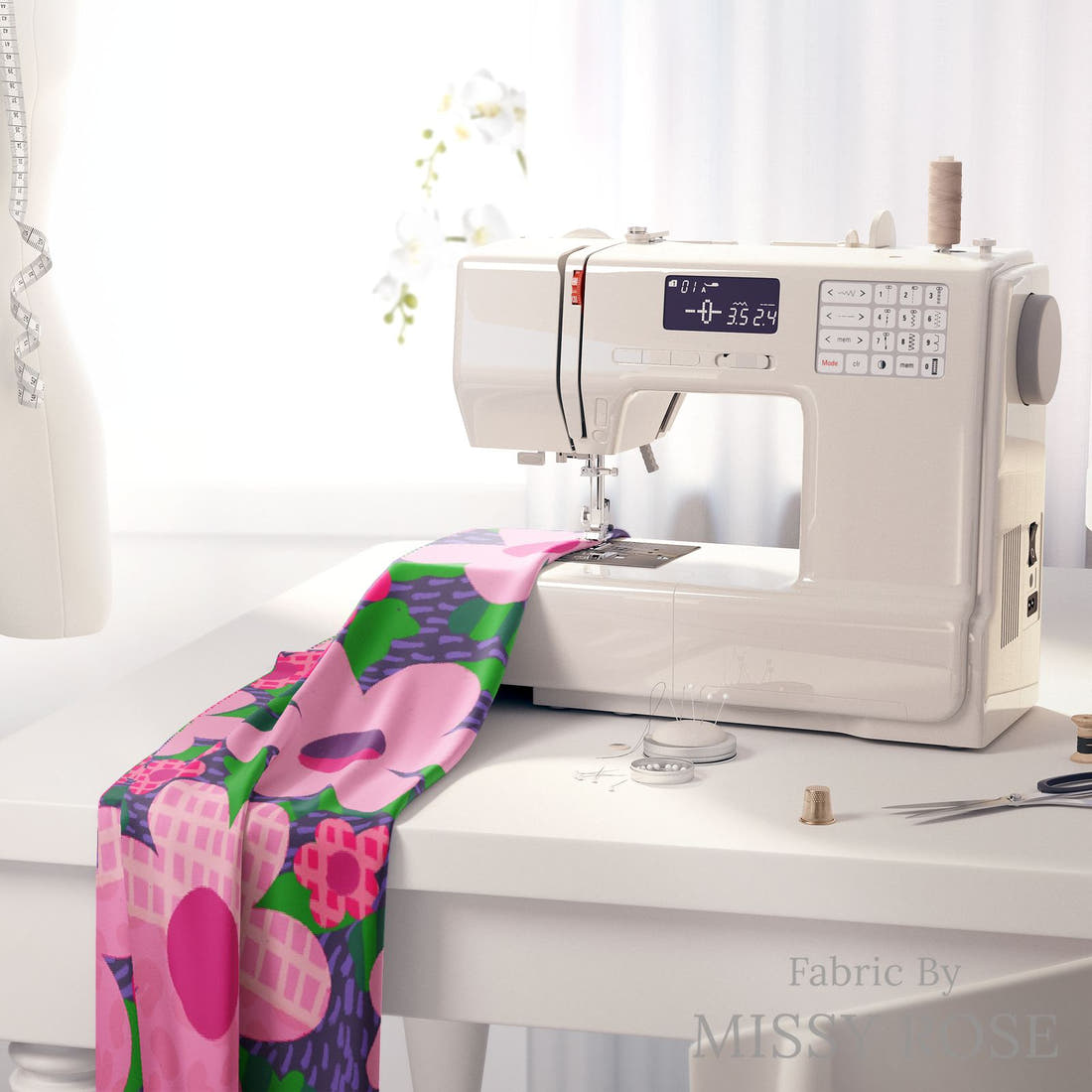 Rosie Browett 42 on a sewing machine - premium fabric for sewing projects | Fabric by Missy Rose