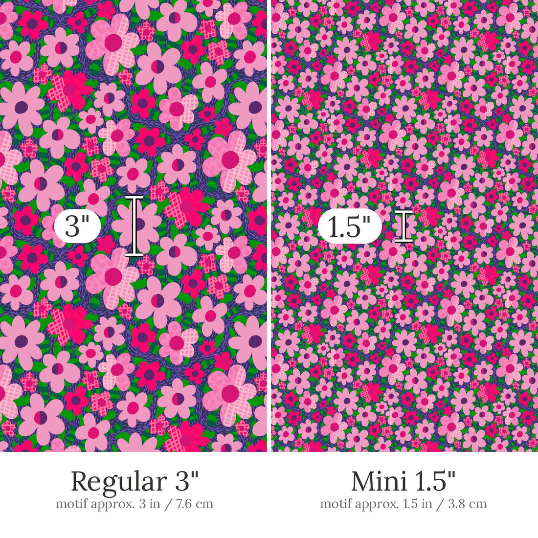 Rosie Browett 42 Regular 3 inch vs Mini 1.5 inch print scale side by side | Fabric by Missy Rose